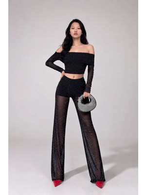 Cemo Kadın Taş Detaylı Transparan Bluz