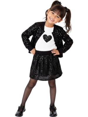 Ege Bebek Kız Çocuk Pullu Hırkalı, Şort Etekli 3'lü Şık Takım, 4-5-6-7-8-9-10 Yaş Kız Bayramlık Işıltılı Takım