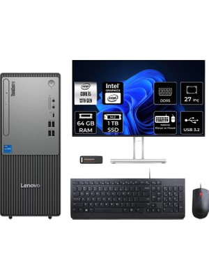 Lenovo Thinkcentre Neo 50T i5 13400 Masaüstü Bilgisayar 64GB RAM 1TB SSD 27" FHD FreeDOS + Per4 USB 12UB000BTRP914