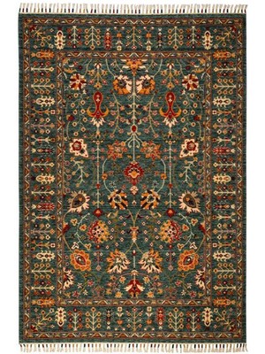 Çam Halı Sultani 805 Yeşil Yün ve Bambu ile Özel Tezgahlarda Üretilen Otantik Desenli El Emeği Modern Uşak Halısı