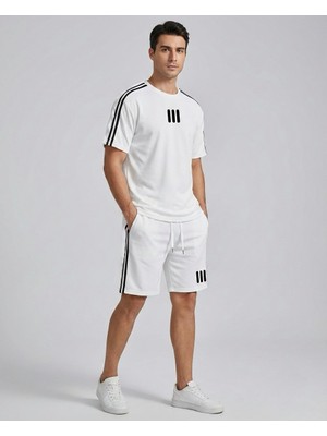 Risil-Nu Company Yeni Sezon Çizgi Baskılı Premium Penye Kumaş Yanları Şeritli Bisiklet Yaka T-Shirt- Şort 2'li Takım