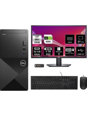 Dell Vostro 3030MT Intel Core I5 12400 32GB 4tb SSD RTX3050/6GB 27" Fhd Monitör W11P Masaüstü Bilgisayar & Per4 USB Bellek N6004VDT3030MTP1128