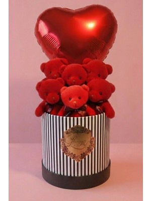 Kırmızı Peluş Ayıcık Buketi & Kalp Balonlu Özel Seri Love Hediye Kutusu - Kadınlar Günü Özel