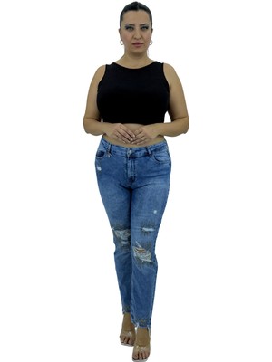 Zanessi Büyük Beden Denim Taşlı Yırtık Yıpratma Detaylı Dar Paça Kadın Pantolon