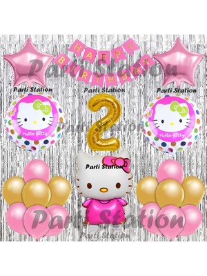 Parti Station Hello Kitty Balon Set 2 Yaş Hello Kitty Sevimki Kedi Konsept Altın Rakam Doğum Günü Parti Balon Set