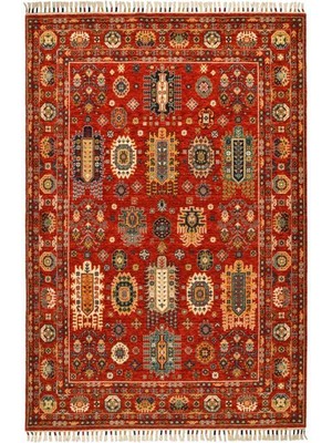 Çam Halı Sultani 807 Kırmızı Yün ve Bambu ile Özel Tezgahlarda Üretilen Otantik Desenli El Emeği Modern Uşak Halısı