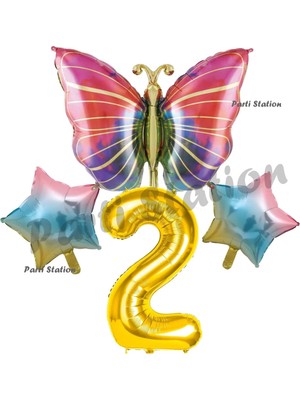 Parti Station Rengarenk Kelebek Konsept 2 Yaş Doğum Günü Balon Set Butterfly Bahar Tema Doğum Günü Balon
