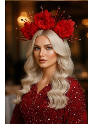 Caş Dekorasyon Kırmızı Renk Çiçekli Gelin Kına Nişan Söz Bride Tasarım Taç