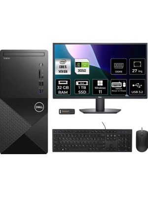 Dell Vostro 3030MT i5 14600 RTX 3050 Masaüstü Bilgisayar 32GB RAM 1TB SSD 27" FHD Win11 Pro + Per4 USB N6014VDT3030MTP1126
