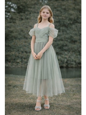 Tarz Çocuk Kız Çocuk Mint Yeşili Tüllü Abiye Elbise – Omuz Detaylı, Işıltılı Midi Boy Davet Elbisesi (11-14 Yaş)