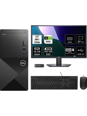 Dell Vostro 3030MT i7 12700 RTX 3050 Masaüstü Bilgisayar 16GB RAM 512GB SSD 27" FHD FreeDOS + Per4 USB N6007VDT3030MTP1081