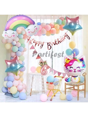 Parti Station Unicorn Kedi Kitty Rakam Konsept 6 Yaş Balon Doğum Günü Set Yaş Balon Set