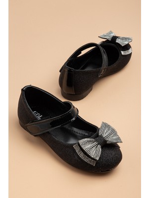 Dilimler Ayakkabı Kız Çocuk Babet Siyah Taşlı Fiyonk Baretli Kumsim
