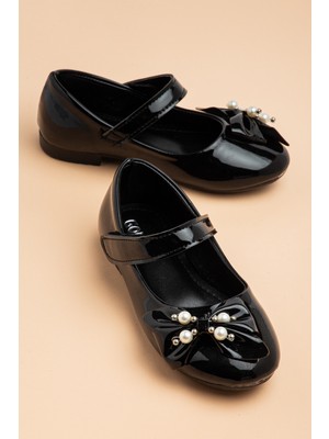 Dilimler Ayakkabı Kız Çocuk Babet Siyah Rugan Fiyonk Boncuklu Baretli