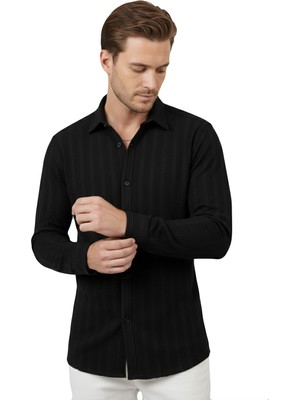 Rizzup Siyah Rahat Kalıp Örme Kumaş Likralı Erkek Gömlek 2602601