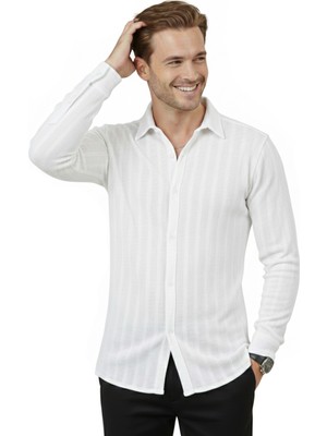 Rizzup Beyaz Rahat Kalıp Örme Kumaş Likralı Erkek Gömlek 2602601