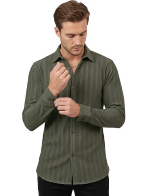 Rizzup Haki Rahat Kalıp Örme Kumaş Likralı Erkek Gömlek 2602601