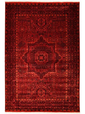 Çam Halı Bambos Plus 904 Kırmızı Yün ve Bambu ile Özel Tezgahlarda Üretilen Afgan Halısı Desenli El Emeği Modern Uşak Halısı