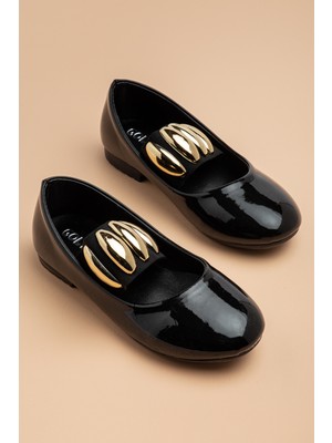 Dilimler Ayakkabı Kız Çocuk Babet Siyah Rugan Elastik Bantlı