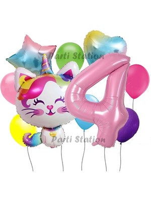 Parti Station Unicorn Kedi Kitty Konsept 4 Yaş Doğum Günü Parti Balon Set Sevimli Unicorn Kedi Tema Parti Set