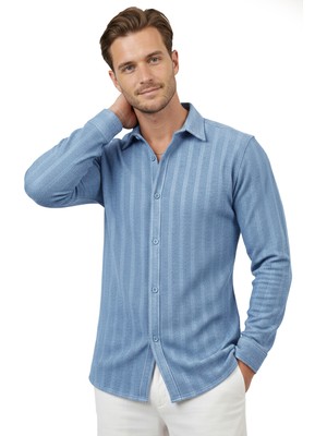 Rizzup Mavi Rahat Kalıp Örme Kumaş Likralı Erkek Gömlek 2602601