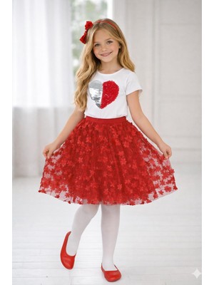 Dıgıl Kids Kız Çocuk Çiçek ve Kalp Desenli T-Shirt Etek Takım