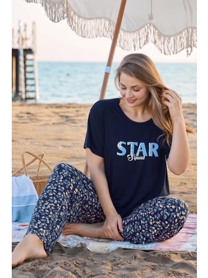 Aydoğan Kadın Inci Büyük Beden Kısa Kol Lacivert Pijama Takım 0254