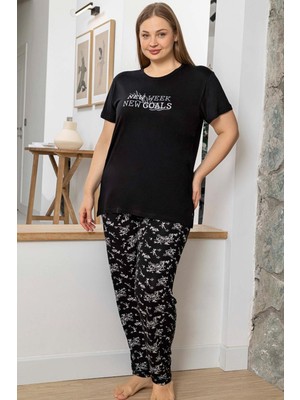 Aydoğan Kadın Inci Büyük Beden Kısa Kol Siyah Pijama Takım 0056