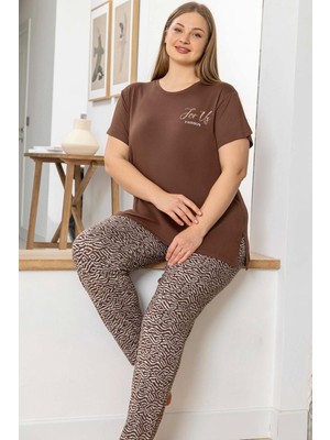 Aydoğan Kadın Inci Büyük Beden Kısa Kol Kahve Pijama Takım 0055