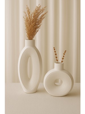 Özgürce Şık Çizgili Beyaz Vazo Seti, 30CM, Dekoratif ve Zarif Tasarım