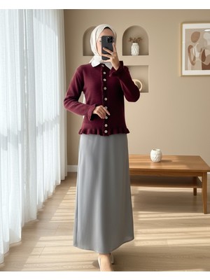 Moda Morfo Düğmeli Önü Ve Eteği Fırfırlı Hırka -Bordo