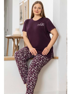 Aydoğan Kadın Inci Büyük Beden Kısa Kol Mürdüm Pijama Takım 0057