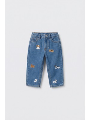 Magu Erkek Çocuk Pamuklu Mavi Kot Pantolon – Köpek Nakışlı