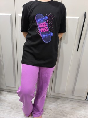 Pidal Giyim Pozitif Enerji Temalı Kaykay Baskılı Pamuklu Yumuşak Dokulu Kısa Kollu Kız Çocuk Eşofman Takımı