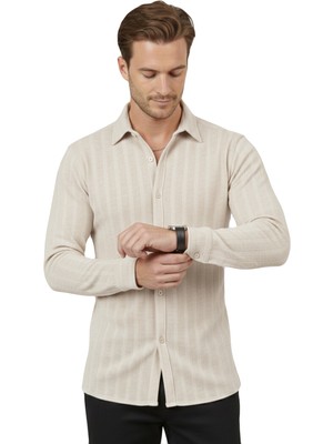 Rizzup Bej Rahat Kalıp Örme Kumaş Likralı Erkek Gömlek 2602601