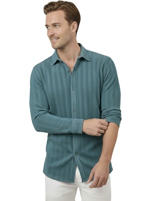 Rizzup Yeşil Rahat Kalıp Örme Kumaş Likralı Erkek Gömlek 2602601