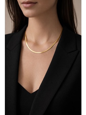 Gold Renk 925 Ayar Gümüş Italyan Yassı Ezme Zincir Kolye