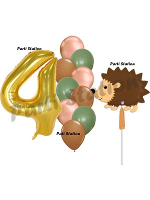 Parti Station Woodland Kirpi Balon 4 Yaş Balon Set Kirpi Balon ve Gold Rakam Balon Demeti Doğum Günü Seti