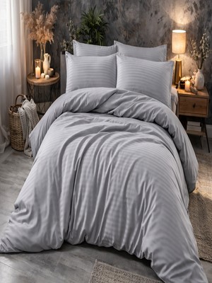 Vionetta Pamuk Saten Koyu Gri Çizgili Otel Serisi Lastikli Çarşaflı Tek Kişilik Nevresim Takımı