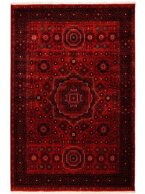 Çam Halı Bambos Plus 903 Kırmızı Yün ve Bambu ile Özel Tezgahlarda Üretilen Afgan Halısı Desenli El Emeği Modern Uşak Halısı