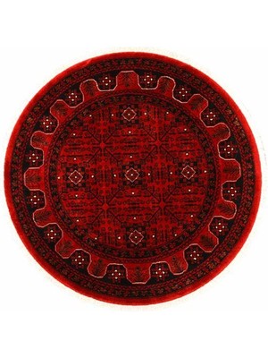 Çam Halı Bambos Plus 901 Kırmızı Daire Yün ve Bambu ile Özel Tezgahlarda Üretilen Afgan Halısı Desenli El Emeği Modern Uşak Halısı