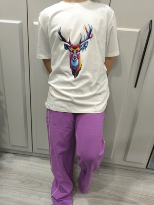 Pidal Giyim Renkli Geyik Baskılı Pamuklu Yumuşak Dokulu Kısa Kollu Kız Çocuk Eşofman Takımı