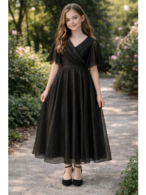 Tarz Çocuk Siyah Simli Tül Midi Boy Abiye Elbise – Kruvaze Yaka, Kısa Tül Kol, Zarif Davet Elbisesi