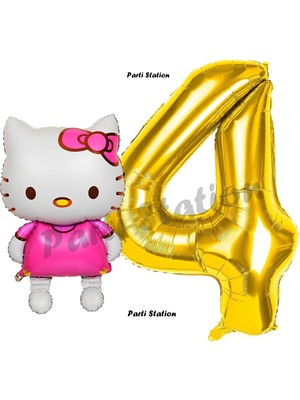 Parti Station Hello Kitty 4 Yaş Balon ve Gold Rakam Balon Doğum Günü Parti Set Hello Kitty Kedi Balon