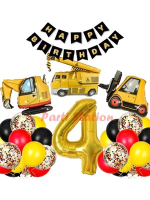 Parti Station Iş Makinaları Inşaat Parti 4 Yaş Balon Set Kepçe Balon Vinç Balon Kamyon Balon Doğum Günü Set