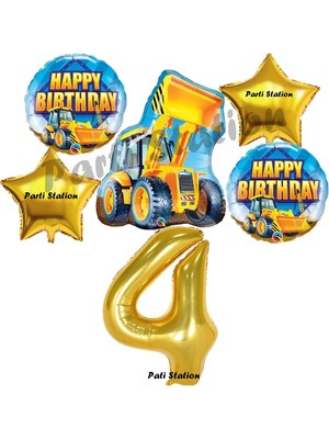Parti Station Inşaat Konsept 4 Yaş Doğum Günü Balon Set Kamyon Kepçe Balon ve Gold Rakam Balon Parti Set