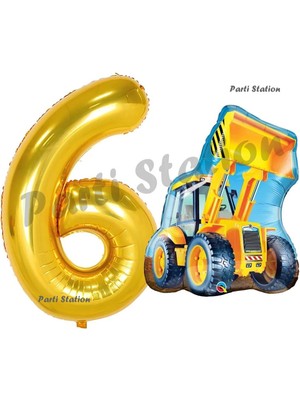 Parti Station Inşaat Konsept 6 Yaş Doğum Günü Balon Set Kepçe Balon ve Gold Rakam Balon Parti Set