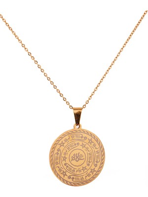 Celcelütiye ve Ism-I Azam Vefk Yazılı Çelik Kolye Altın Renk Paslanmaz Zincir (Unisex)