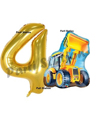 Parti Station Inşaat Konsept 4 Yaş Doğum Günü Balon Set Kepçe Balon ve Gold Rakam Balon Parti Set