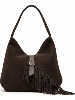 Alegra Kahve - Püsküllü Süet Omuz Çantası